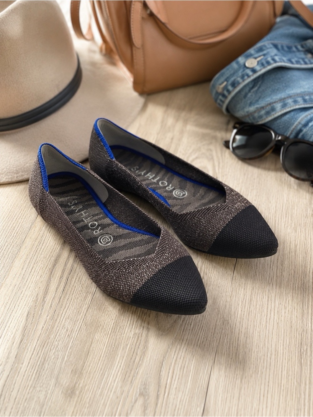 Rothy’s The Point Flats Bronze Black Cap Toe Pointed Knit Size 9